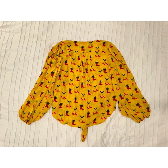 Anthropologie Button Down Front Tie Blouse Yellow Women’s 2 Festival Boho Fruit - Picture 8 of 16